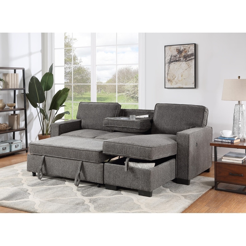 Estelle Fabric Sofa Reversible Storage Chaise Pull Out Sleeper with Drop Down Table 2 Cup Holders and 2 USB Ports