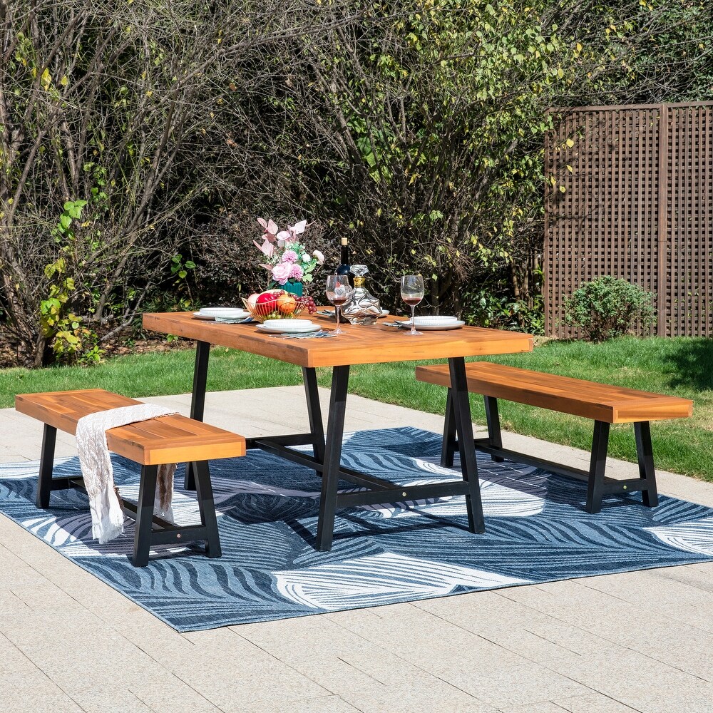 3PCS Outdoor Patio Dining Table Set Acacia Wood with 1 Rectangular Picnic Coffee Table and 2 Benches