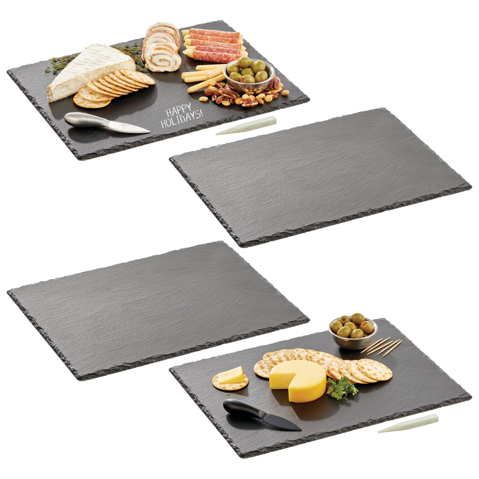 mDesign Slate Stone Gourmet Chalkboard Serving Platter， Cheese Board， Charcuterie Tray with Natural Edge and Chalk Pencils for Cheese， Meats， Appetizers， Dried Fruits， and Food - 4 Pack - Black