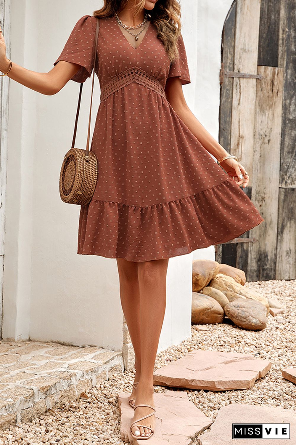 V Neck Swiss Dot Texture Lace Splicing High Waist Dress