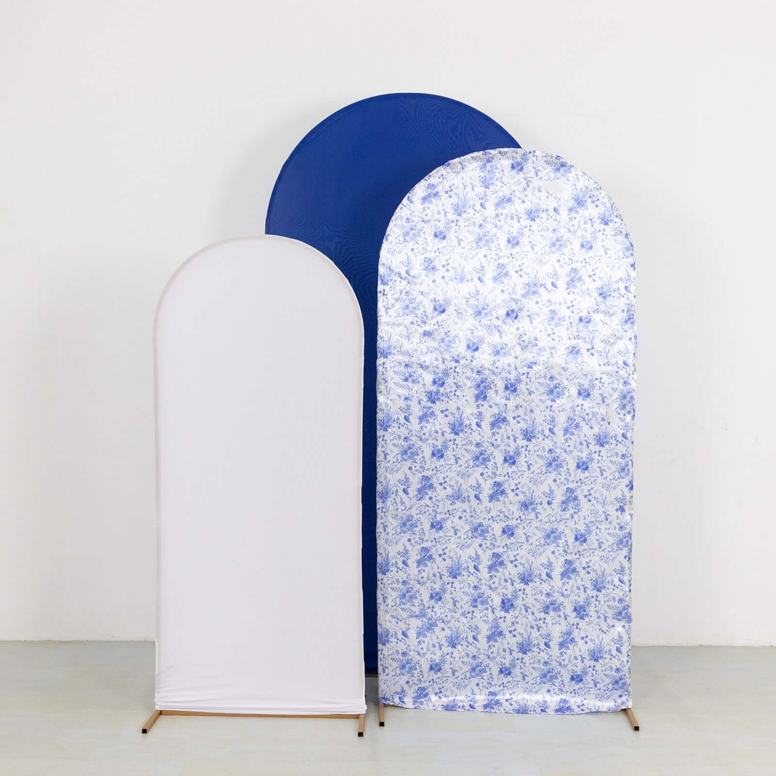 Set of 3 White Blue Fitted Backdrop Stand Covers with Round Top, French Toile Pattern and Matte Spandex Wedding Arch Frame Covers