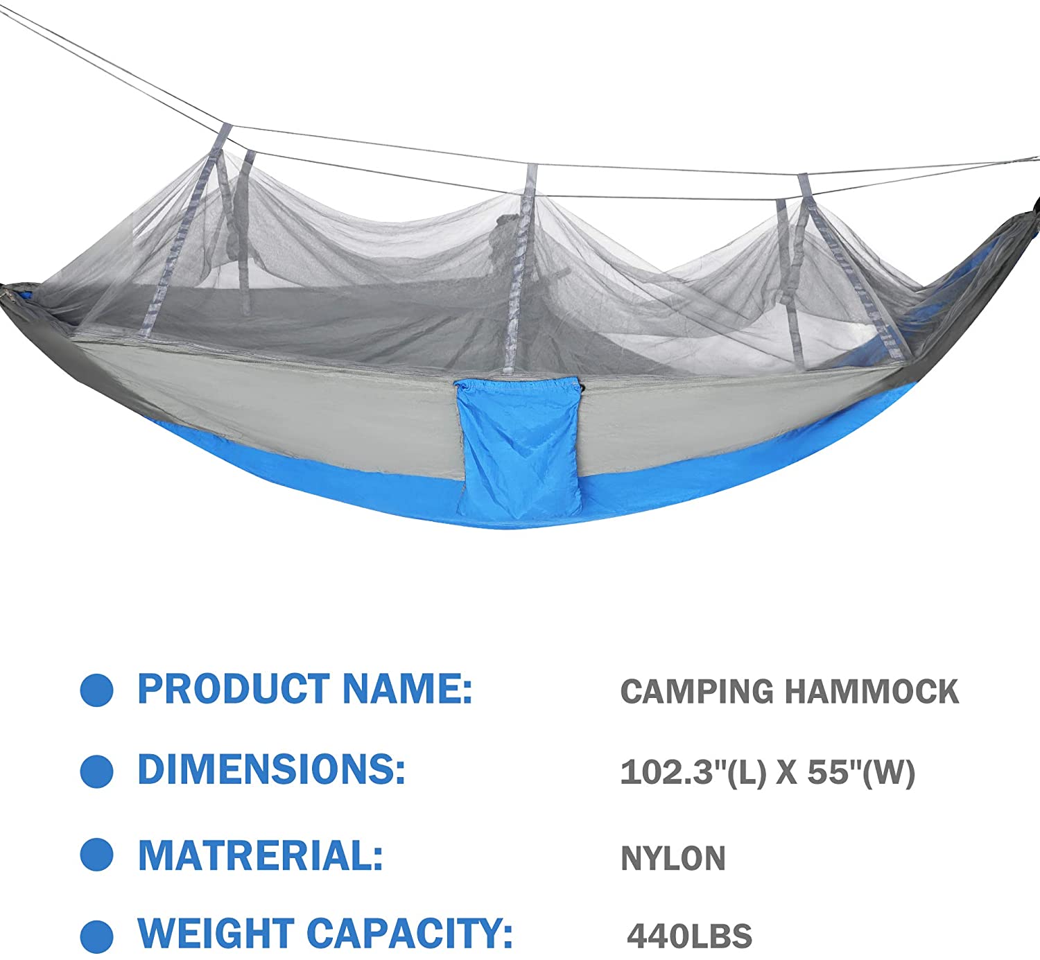 KARMAS PRODUCT Camping Hammock with Mosquito Net, 8.5 ft Single Portable Lightweight Nylon Hammocks with 2 Adjustable Tree Straps for Backpacking, Travel, Beach, Backyard,Hiking (Blue/Gray)