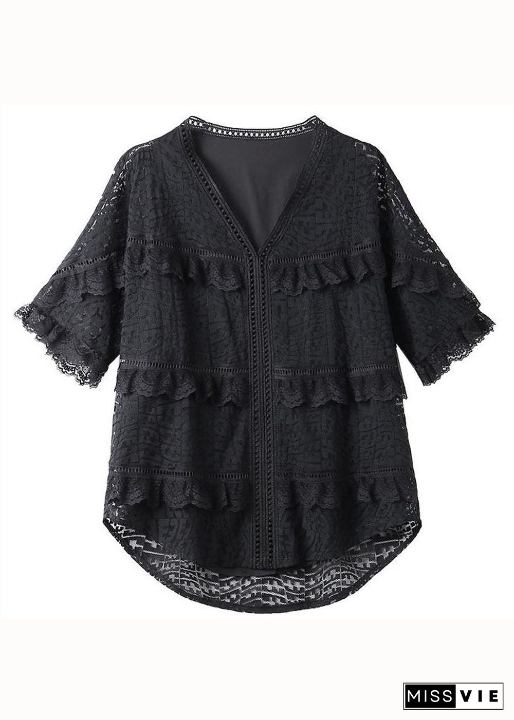 Organic Black V Neck Ruffled Embroideried Patchwork Lace Blouse Summer