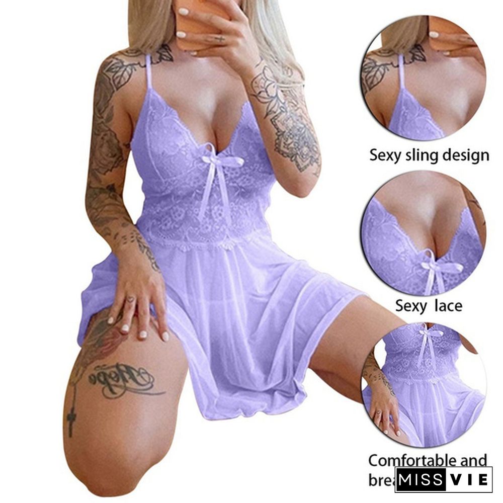 Women's Fashion Lace Perspective Sleepwear Female Spaghetti Strap Nightwear Deep V Neck Mini Dress Soft Homewear