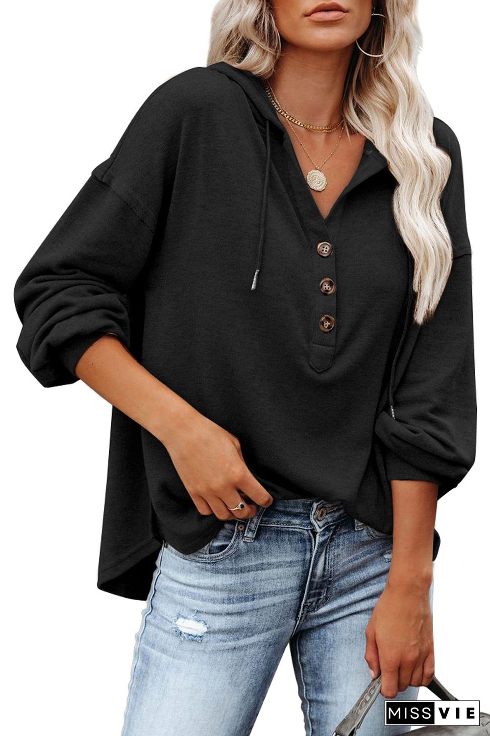 Black Buttoned High and Low Hem Hoodie