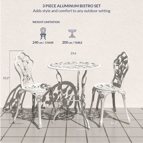 Weather Resistant 3 Piece Patio Set Rose Design Table 2 Chairs White