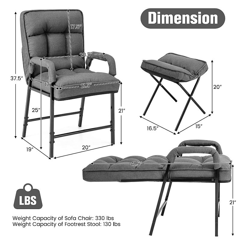 Linen Fabric Modern Accent Chair With Ottoman And Adjustable Backrest-Grey