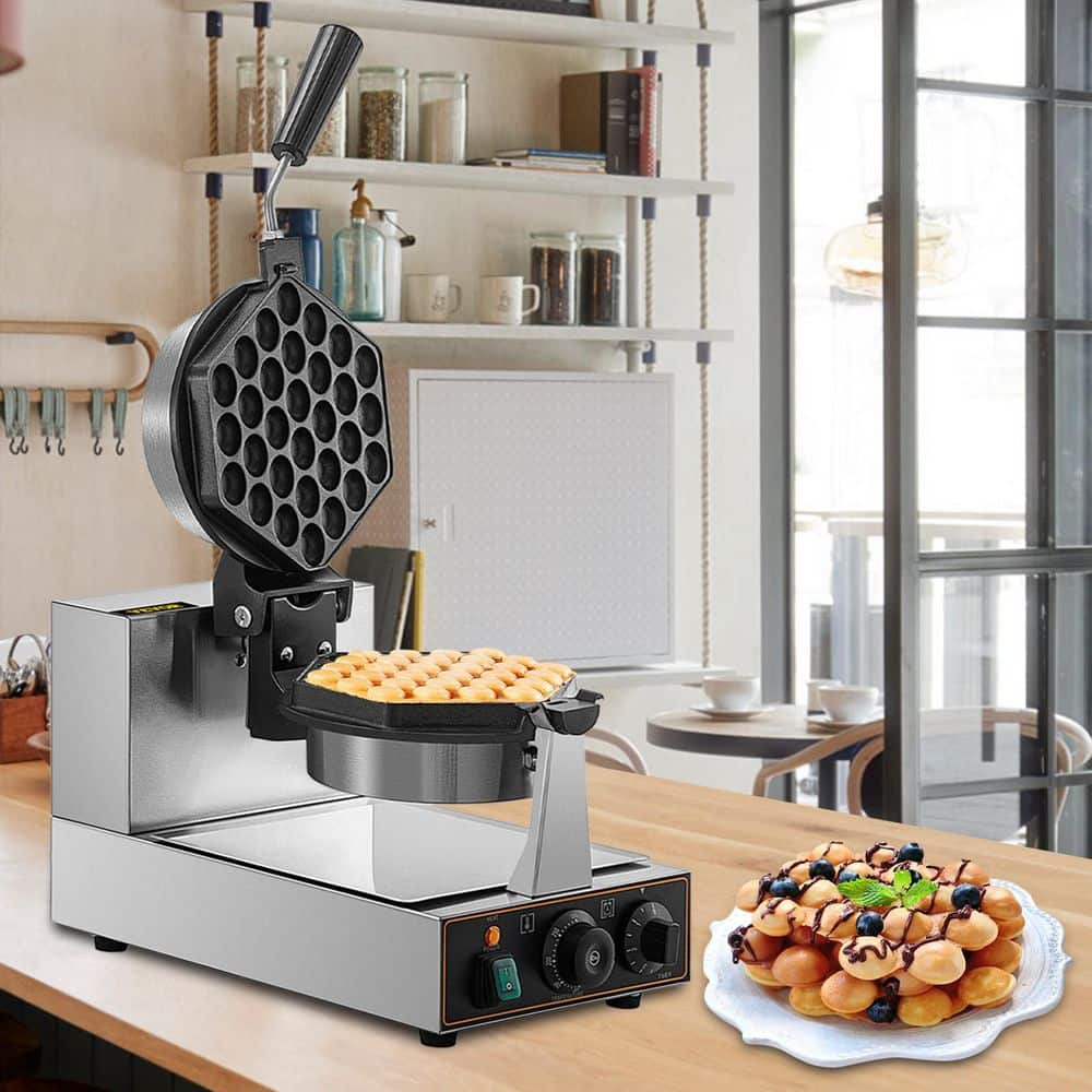 VEVOR Commercial Bubble Waffle Maker Silver 1200 Watt 122572°F Adjustable Stainless Steel Baker with NonStick Teflon Coating