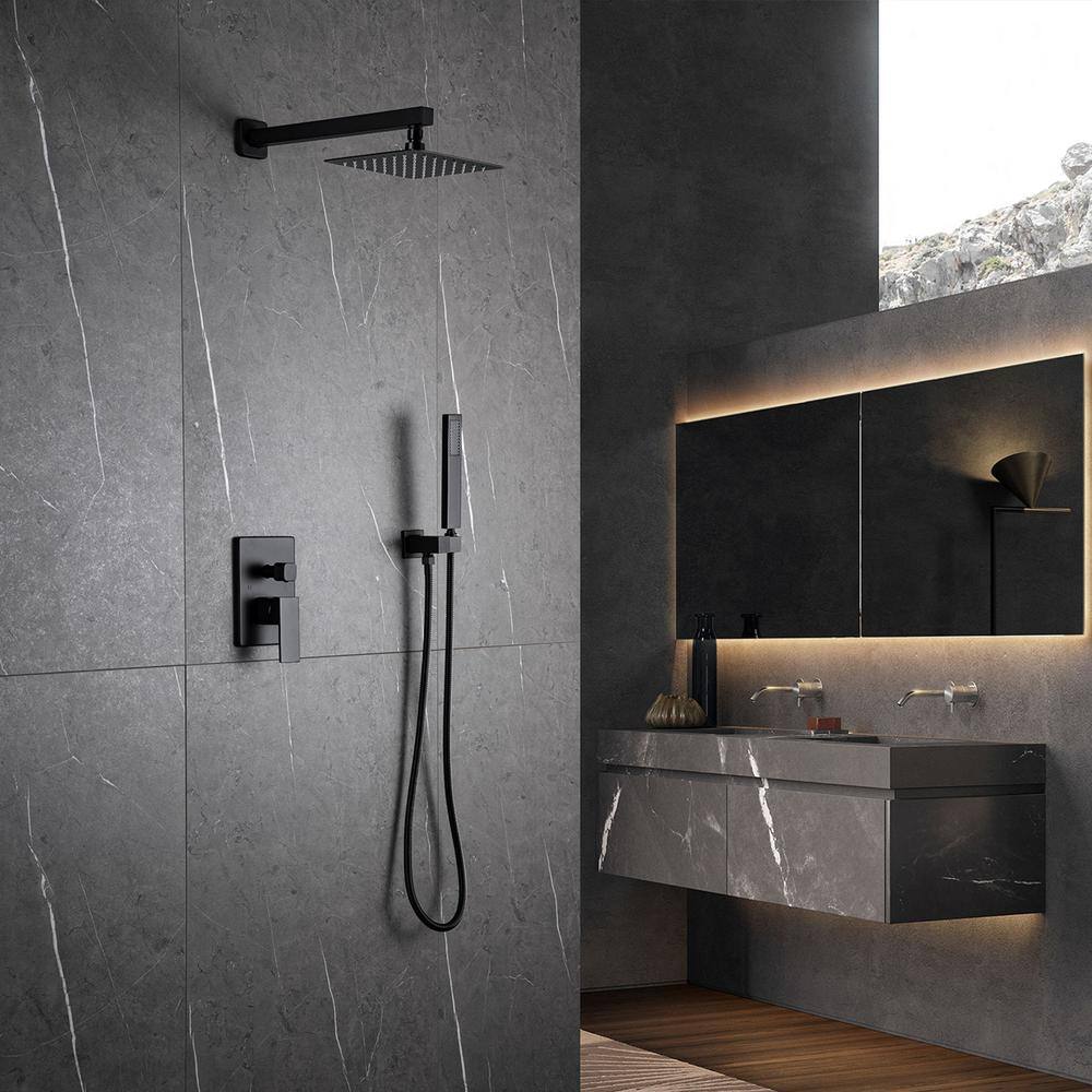 IHOMEadore 1-Spray Square Hand Shower and Showerhead from Wall Combo Kit with Slide Bar in Matte Black (Valve Included) RCS85010MB