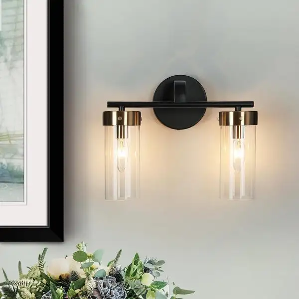 Modern 2-Light Black Bathroom Vanity Light Cylinder Glass Wall Sconces - 12.5