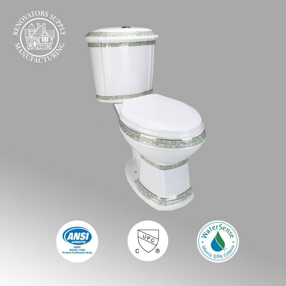 RENOVATORS SUPPLY MANUFACTURING India Reserve 2-Piece 0.8 GPF1.6 GPF WaterSense Dual Flush Elongated Toilet in White with Slow Close Toilet Seat 12816