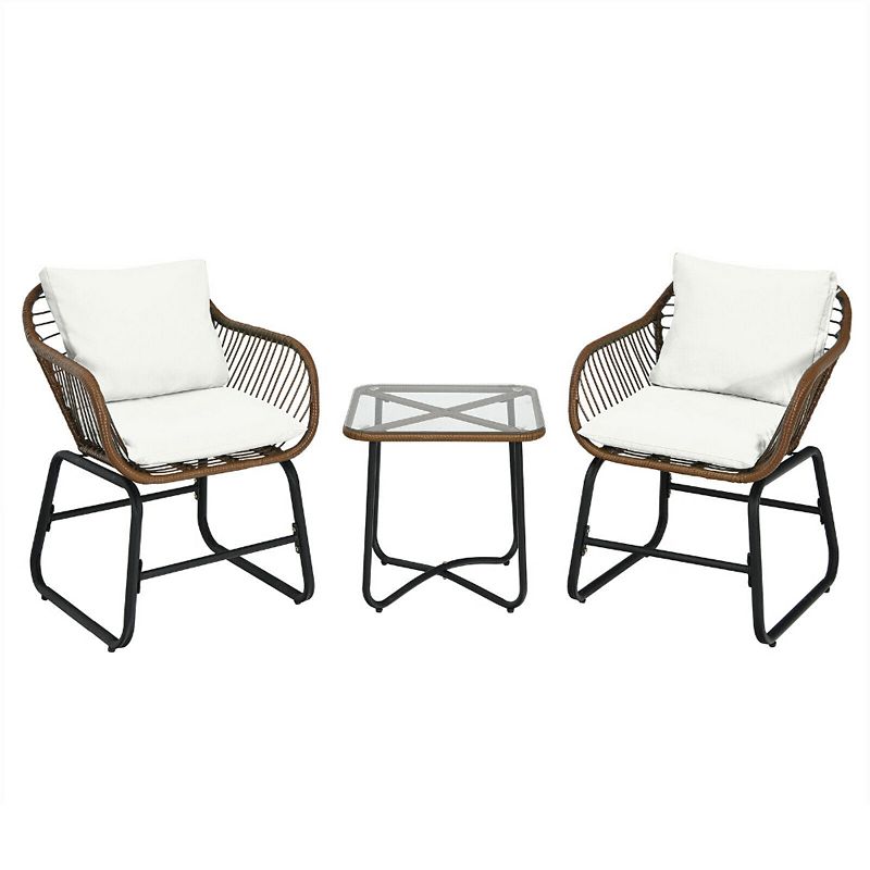 3 Pieces Patio Rattan Bistro Set Cushioned Chair Glass Table Deck