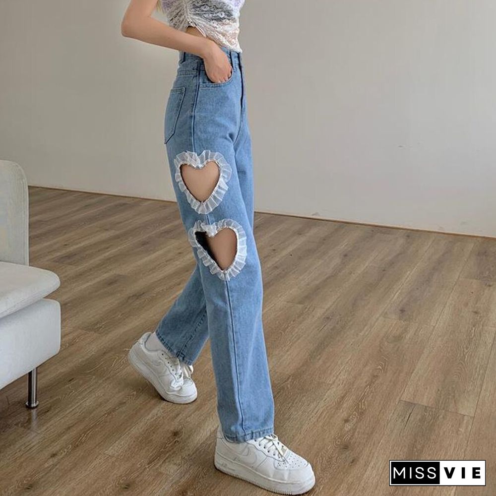 Vintage Gothic Streetwear Hollow Out Jeans Women Summer Loose Wide Leg Pants Fashion High Waist Denim Pants Straight Trousers