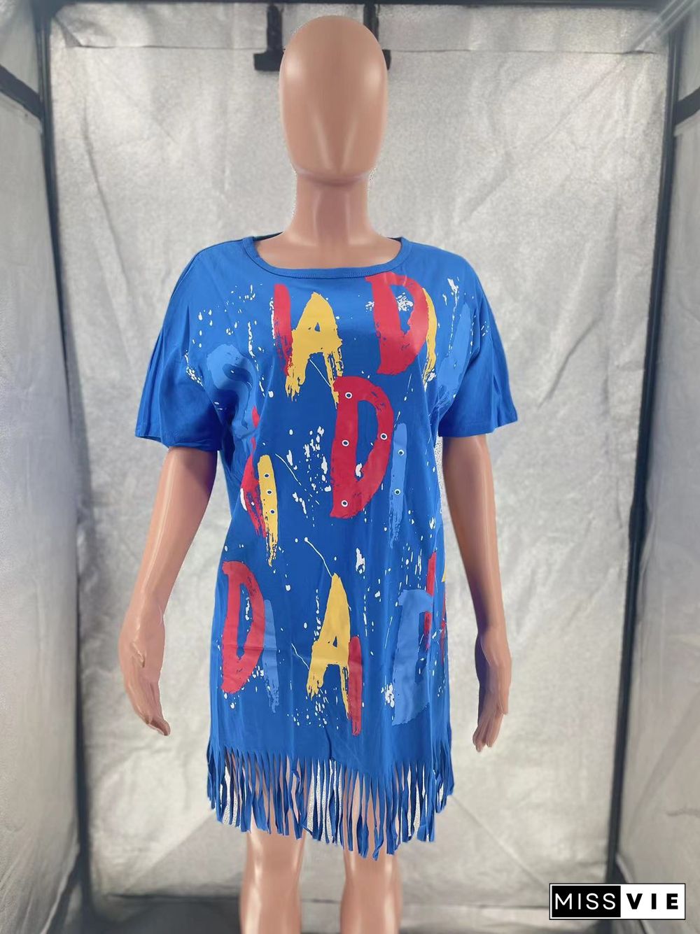 Loose Offset Printed Letter Tassel Short Sleeve Dress