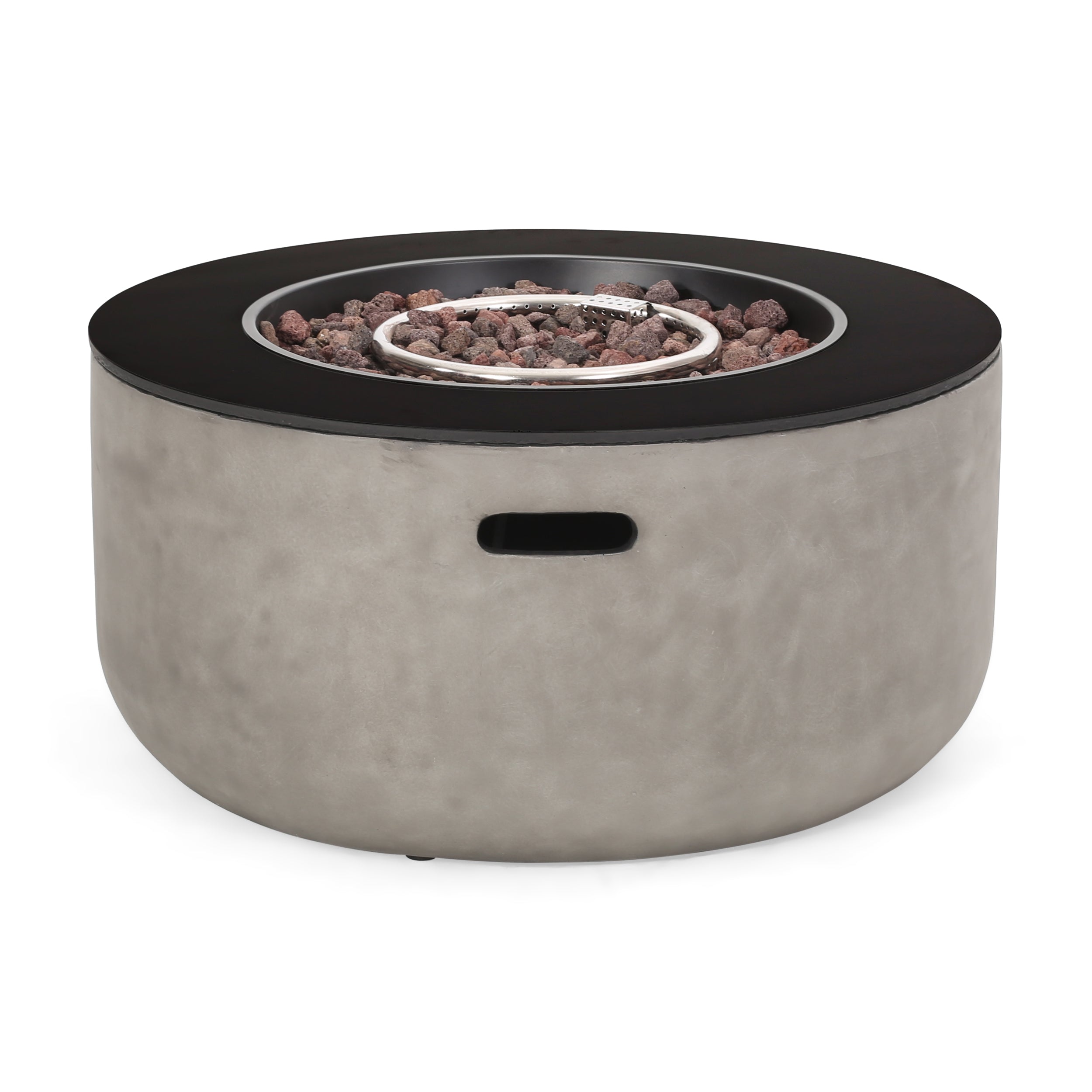 Riga Outdoor 50,000 BTU Lightweight Concrete and Ceramic Circular Fire Pit (No Tank Holder), Light Gray and Black