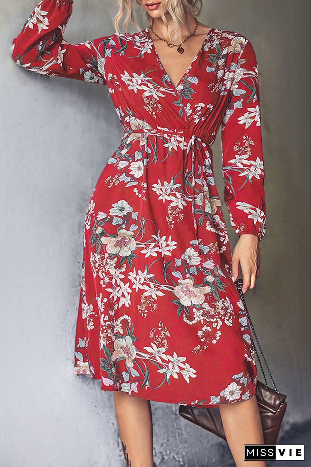 Puff Sleeve V Neck High Waist Floral Dress