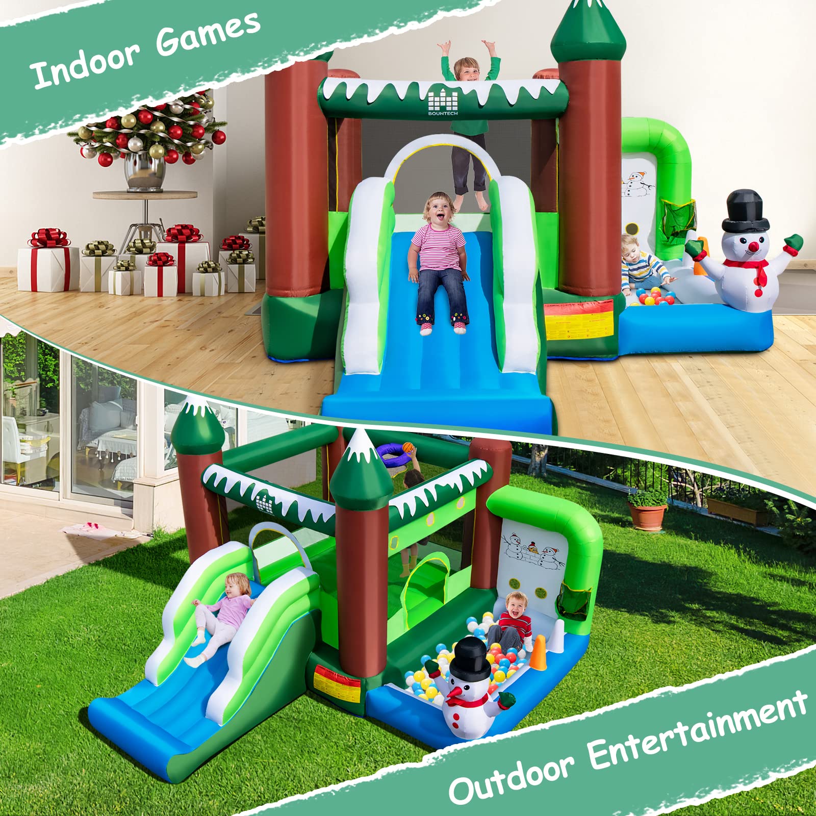 Inflatable Bounce House, Christmas Bouncy House for Toddler Kids/735w Blower