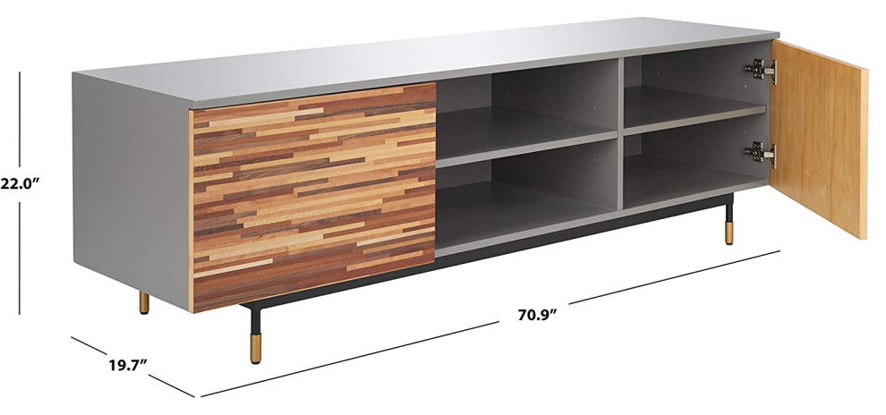 Mid Century TV Stand  2 Open Shelves and 2 Side Cabinets  Light Brown Finish   Industrial   Media Cabinets   by Decorn  Houzz