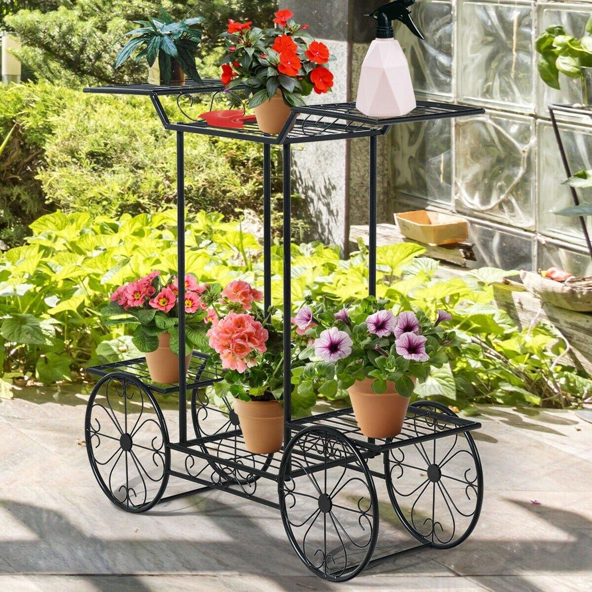 6-Tier Outdoor Garden Cart Metal Flower Rack Display Stand with 4 Wheels