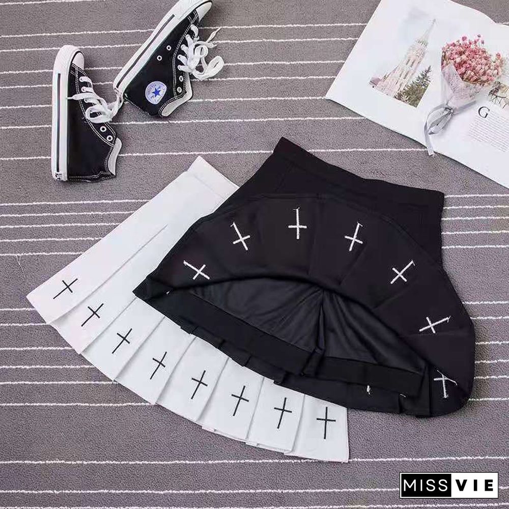 High Waist Mini Black Skirts Gothic Streetwear Cross Print Pleated Women Skirts Casual College Lolita Harajuku Skirt