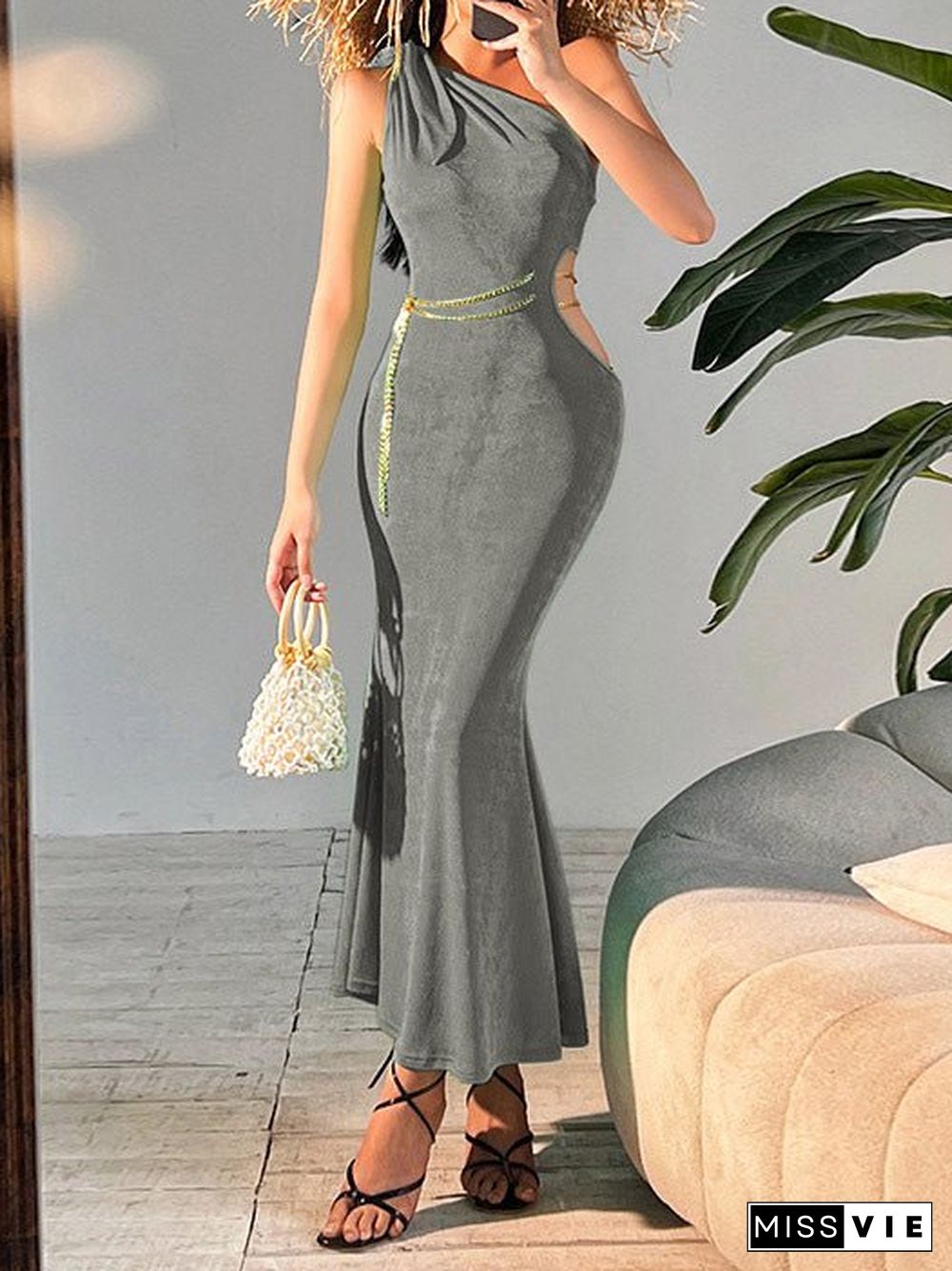 Women'S Dresses Slanted Shoulder Belted Chain Hollow Fitted Dress