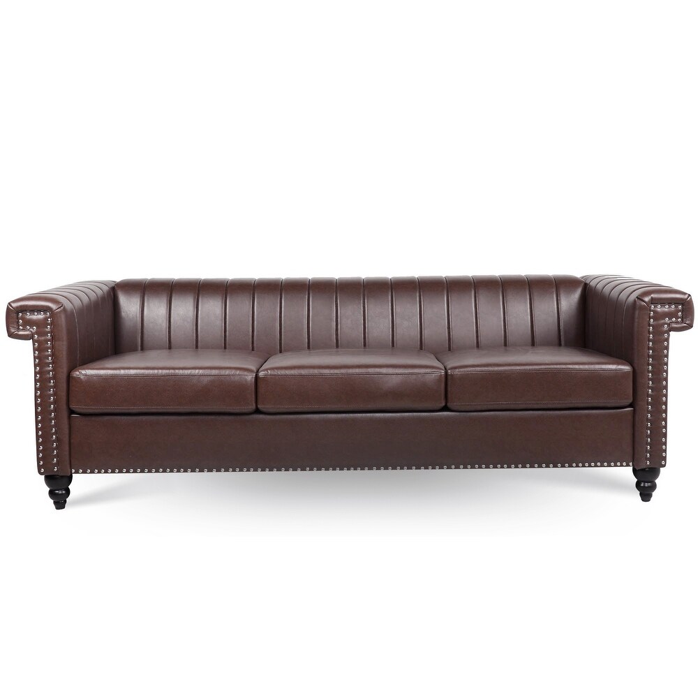 Removable Cushion Couch PU 3 Seater Sofa w/ Nailheads Square Arm  Brown