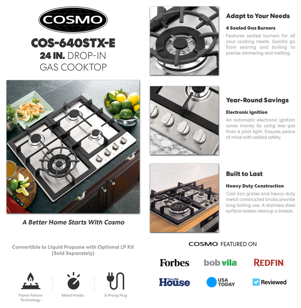 Cosmo 24 quotGas Cooktop with 4 Sealed Triple Ring Burners Easy Clean   Contemporary   Cooktops   by Cosmo  Houzz