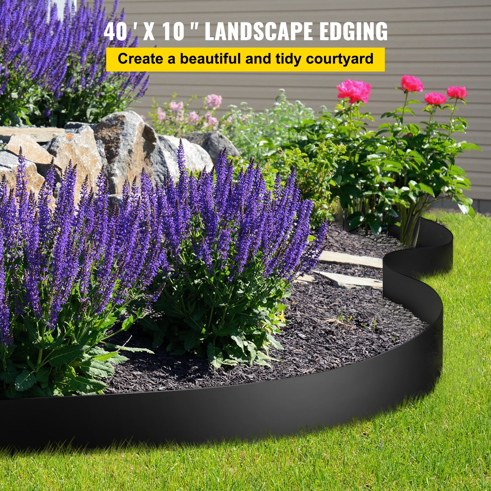 VEVOR Plastic Landscape Edging 10 in x 40 ft, Recycled HDPE Coiled Terrace Board, Flexible Bender Border for Landscaping, Lawn, Garden, Yard, Against Invading Weeds, Black