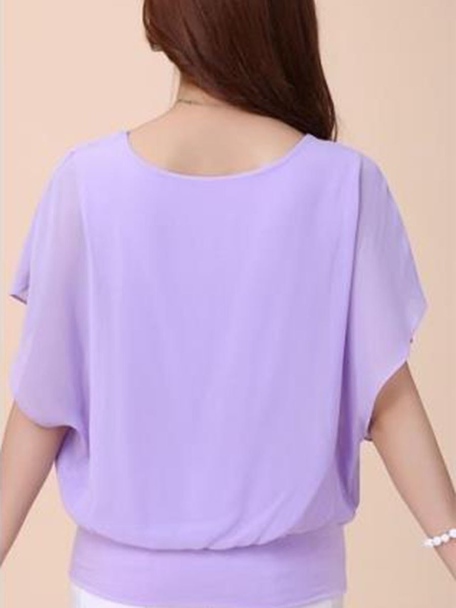 Spring Summer  Blend  Women  Crew Neck  Plain  Short Sleeve Blouses