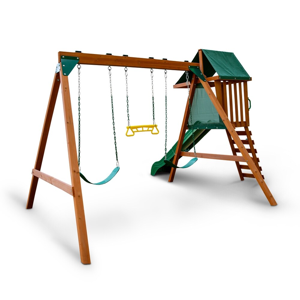 Swing N Slide Ranger Plus Wood Swing Set with Wave Slide and Rock Climbing Wall   Cedar   11' W x 12' D x 7.67' H