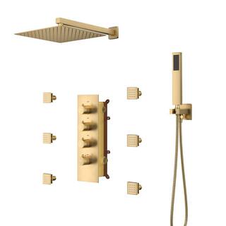 CASAINC 6-Spray Pattern 12 in. Wall Mounted Rainfall Shower Faucet and Dual Shower Heads System With 6 Body Jets In Brushed Gold CS6077-BG