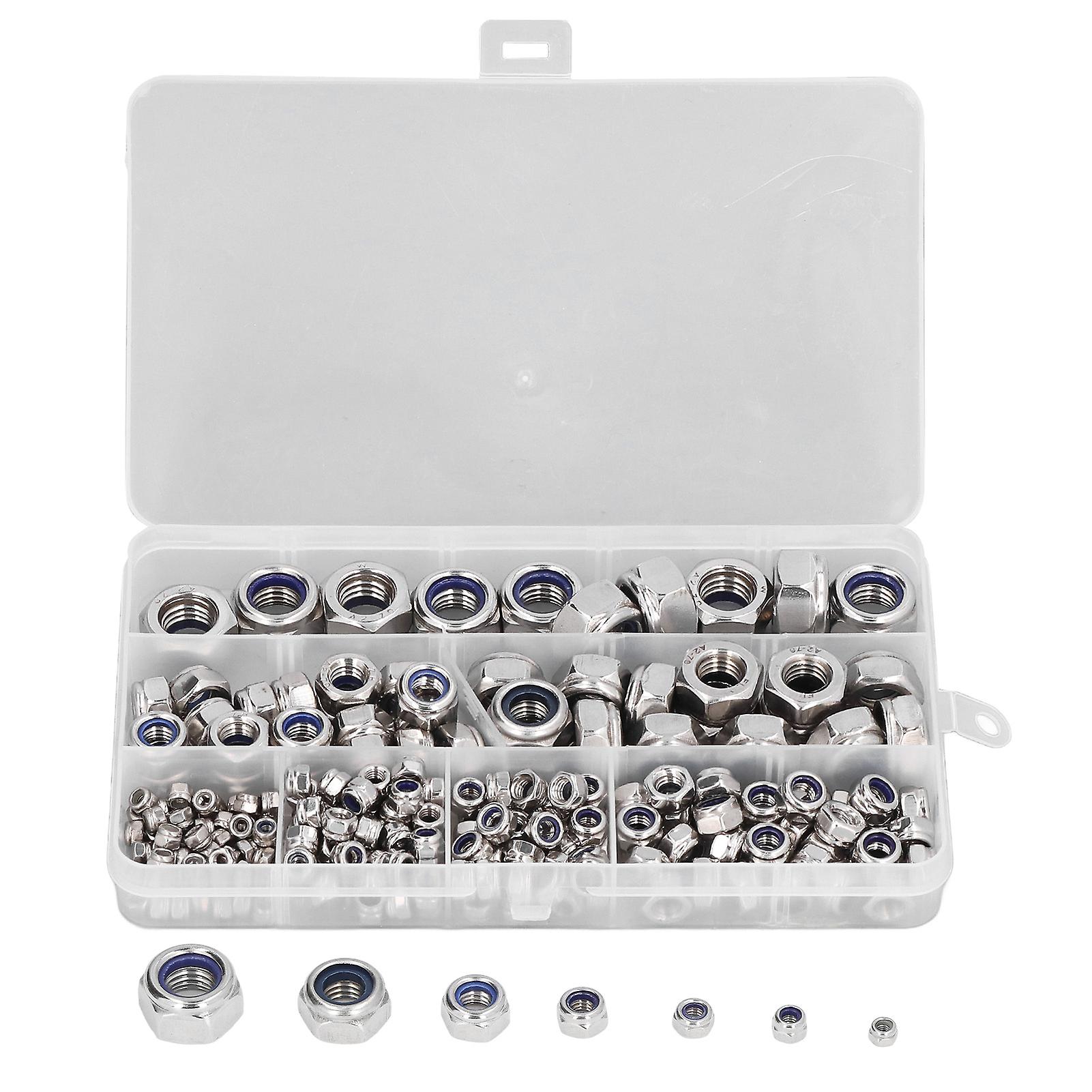 215PCS Hex Lock Nut Nylon Insert Stainless Steel Locking Nut Assortment M3 M4 M5 M6 M8 M10 M12