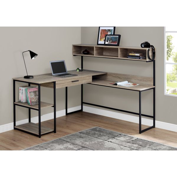 Computer Desk， Home Office， Corner， Storage Drawers， L Shape， Work， Laptop， Brown Laminate， Black Metal， Contemporary， Modern