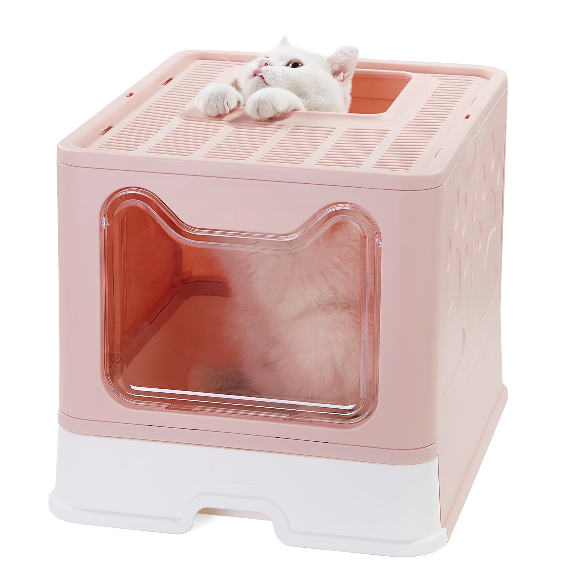 Vealind Foldable Cat Litter Box with Lid Front Entry and Top Exit XXL Extra Large Space Covered Kitty Litter Boxes Enclosure Toilet (Pink)