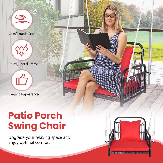 Costway Patio Hanging Rattan Basket Chair Swing Hammock Chair With Seat Cushion