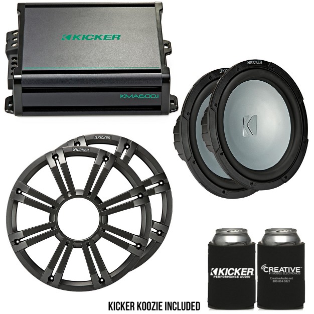 Kicker Two 12 Inch Led Marine Subwoofers In Charcoal 1 Pair With 600 Watt Amplifier Bundle