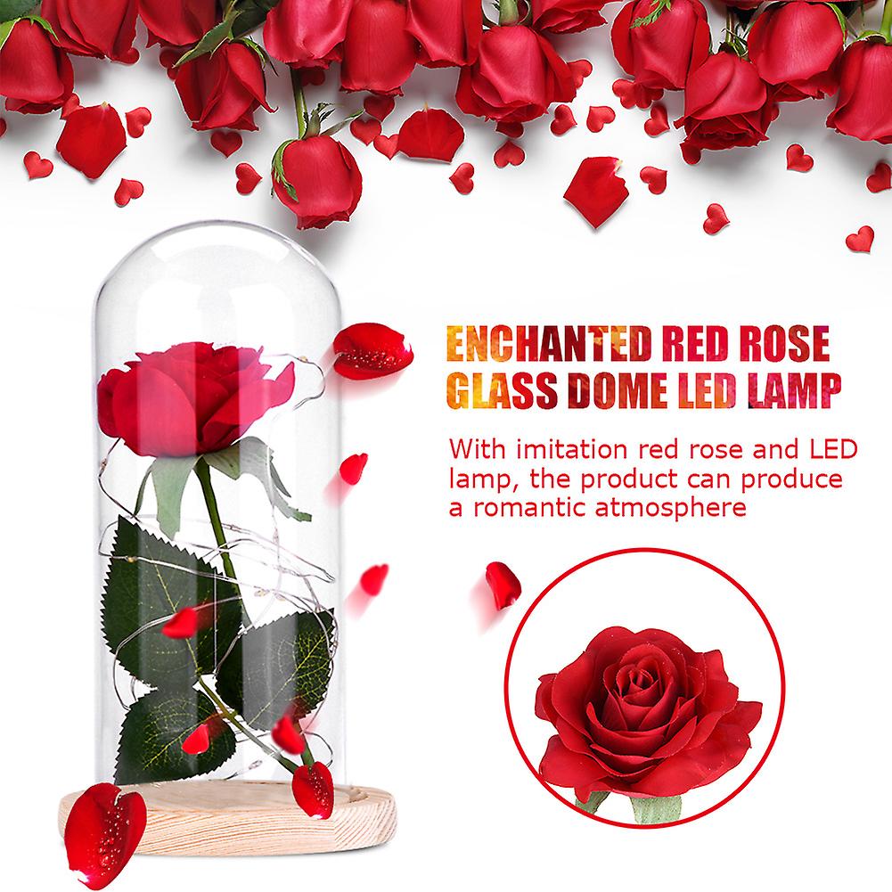 Red Rose Glass Dome LED Lamp Wooden Base for Birthday Wedding Gift (Beige Base)