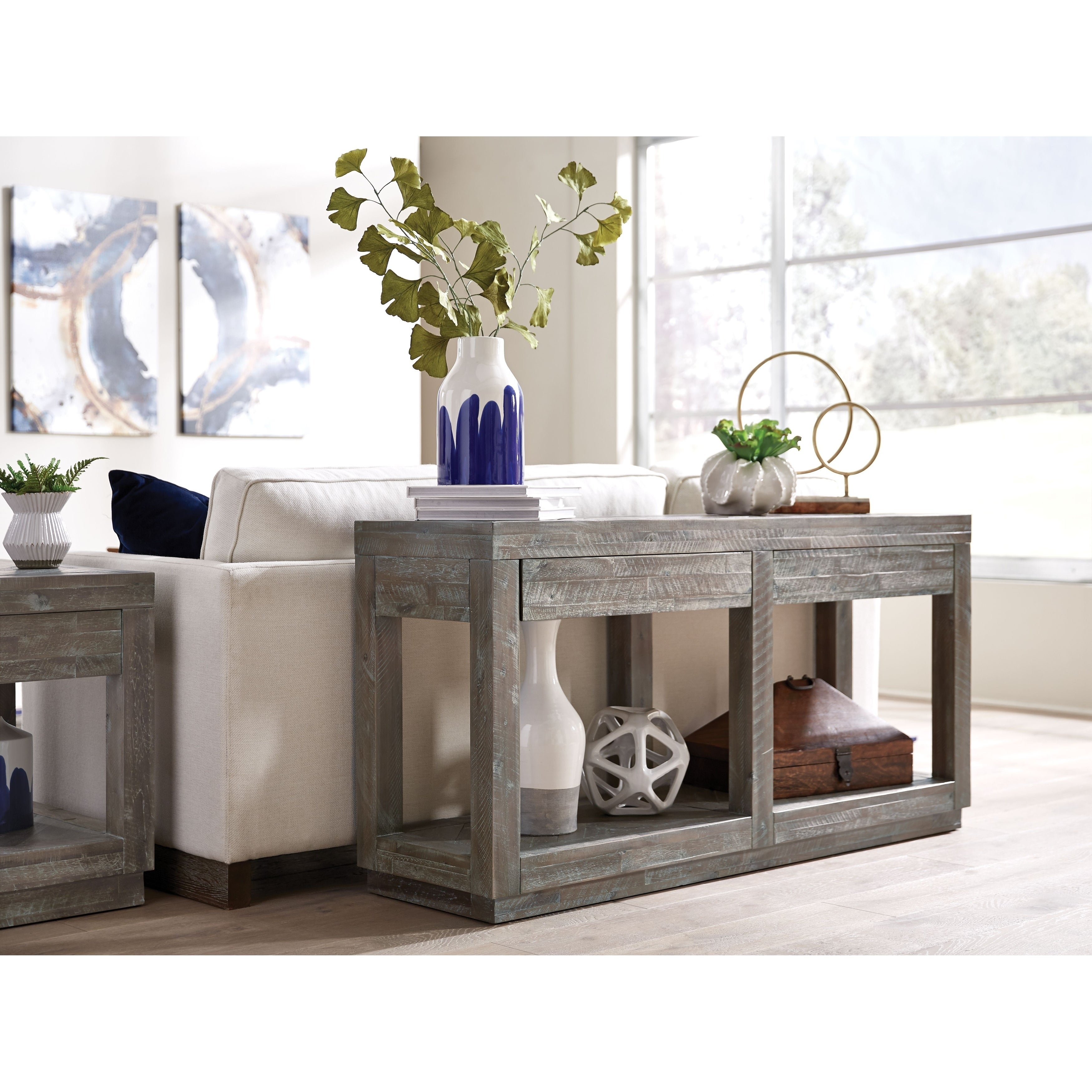 Two Drawer and Bottom Shelf Console Table with Flattened Base， Rustic Latte Gray