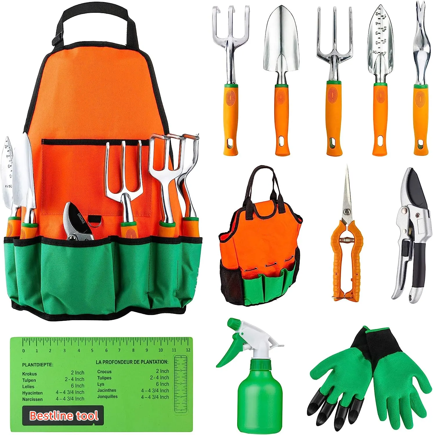 Garden Tool Set 12 Piece Aluminum Hand Tool Kit Garden Canvas Apron with Storage Pocket Outdoor Tool