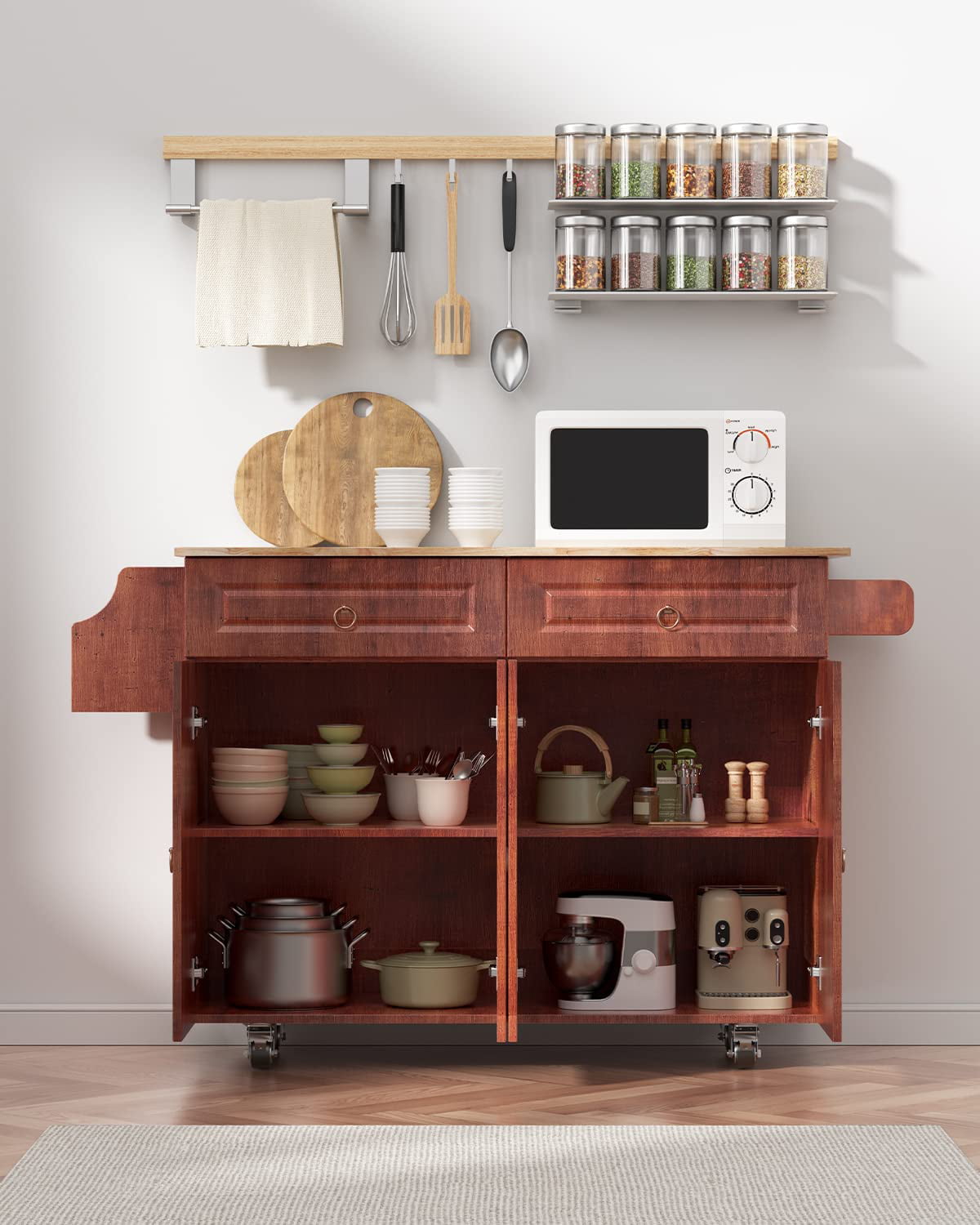 Lofka Kitchen Island with Storage on Wheels w/Drop-Leaf， Spice Rack， Brown