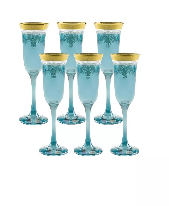 Lorren Home Trends Blue Flutes with a Gold Band Set of 6