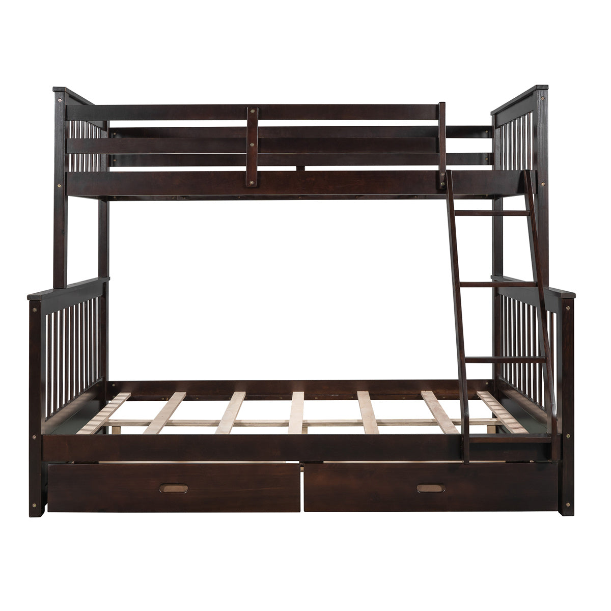 Twin Over Full Bunk Bed with Two Storage Drawers, Pine Wood Frame and Ladder with Guard Rails for Teens, Boys, Girls, Brown