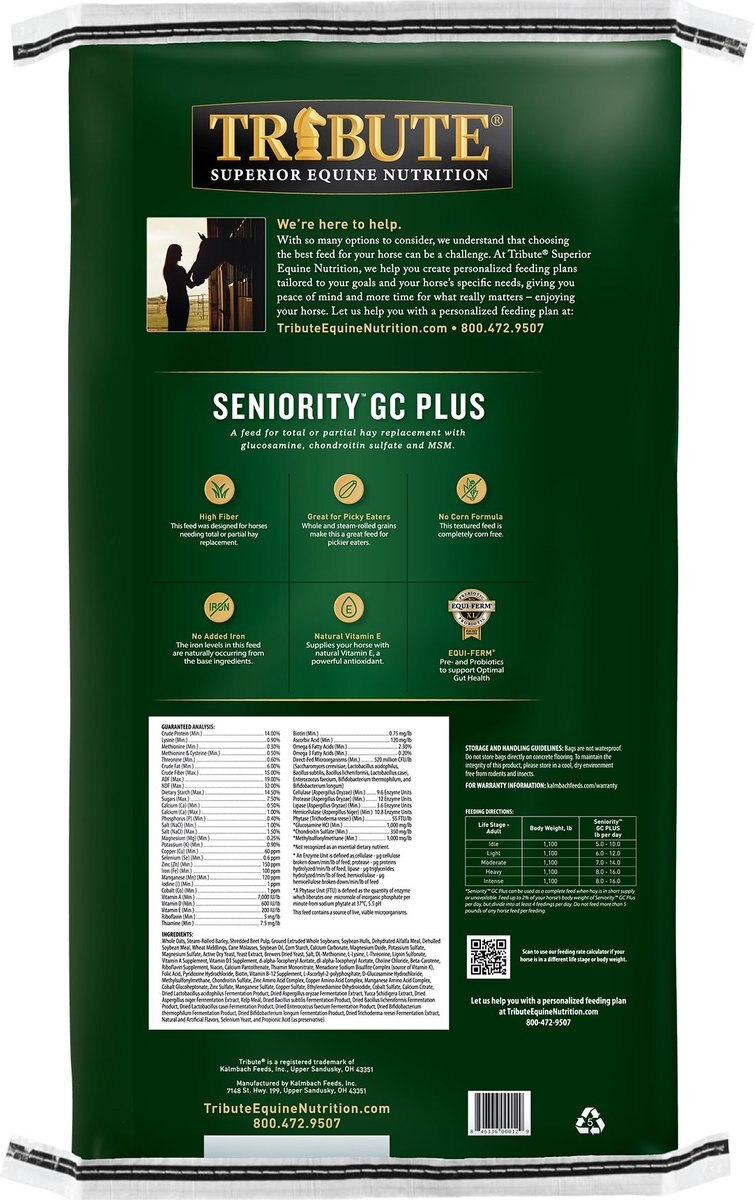 Tribute Equine Nutrition Seniority GC Plus Horse Feed， 50-lb bag