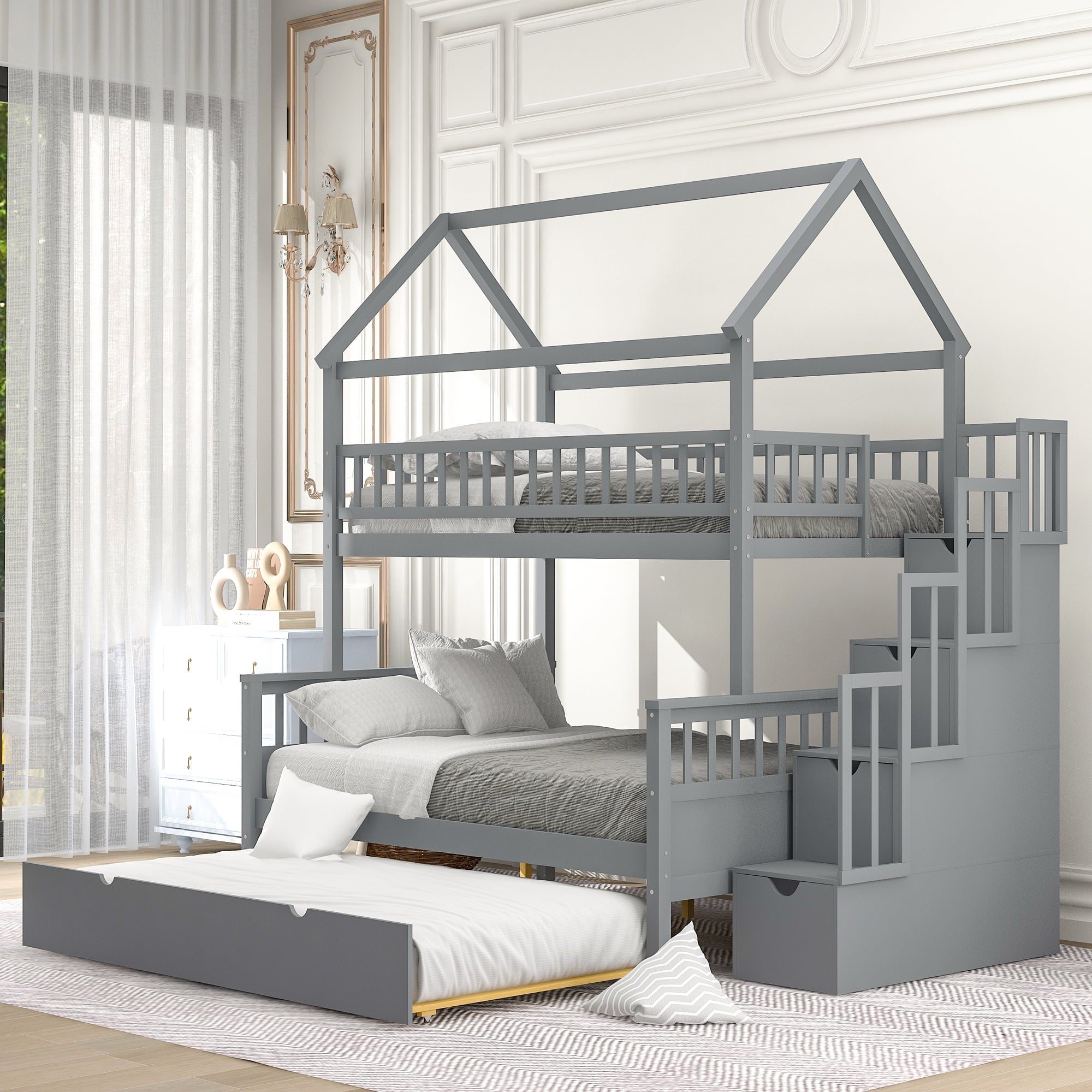 EUROCO Twin over Full House Bunk Bed with Trundle for Kids, Gray