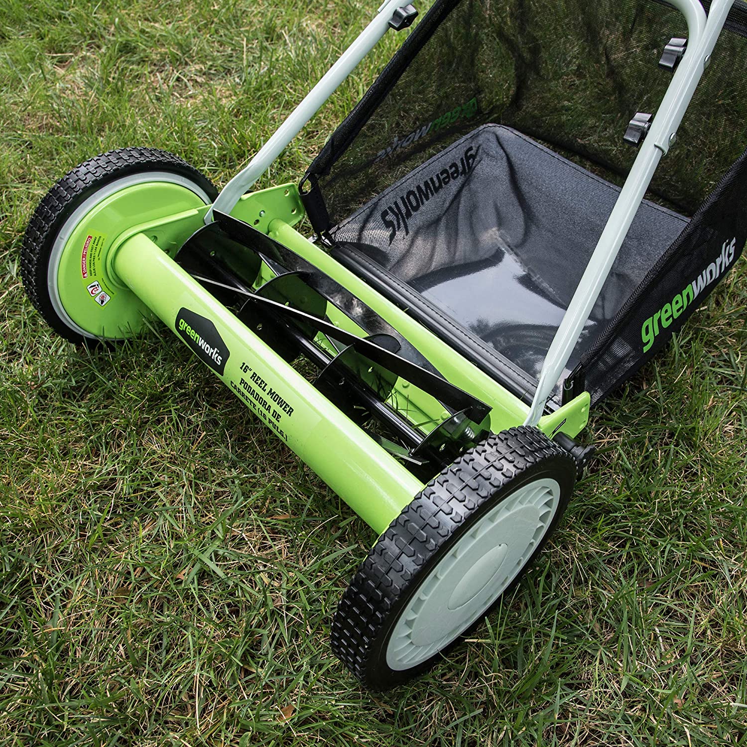 Greenworks 16-Inch Reel Lawn Mower with Grass Catcher 25052，Black/Green， 47