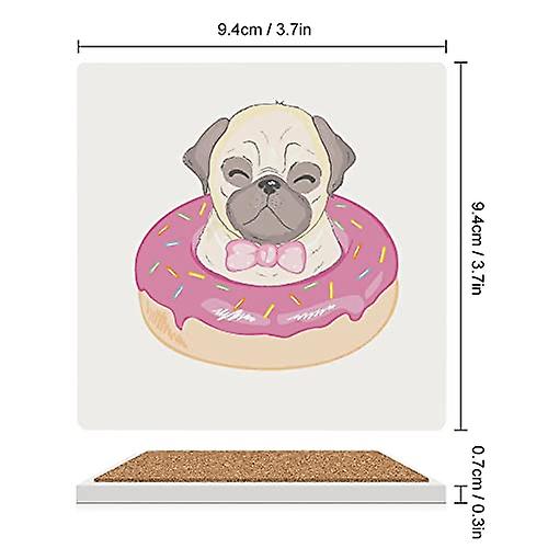 Colourlife Square Drink Coasters 2 Pcs Cute Happy Pug On Pink Donut Absorbent Ceramic Coffee Coasters For Drinks With Cork Base Housewarming Gift For