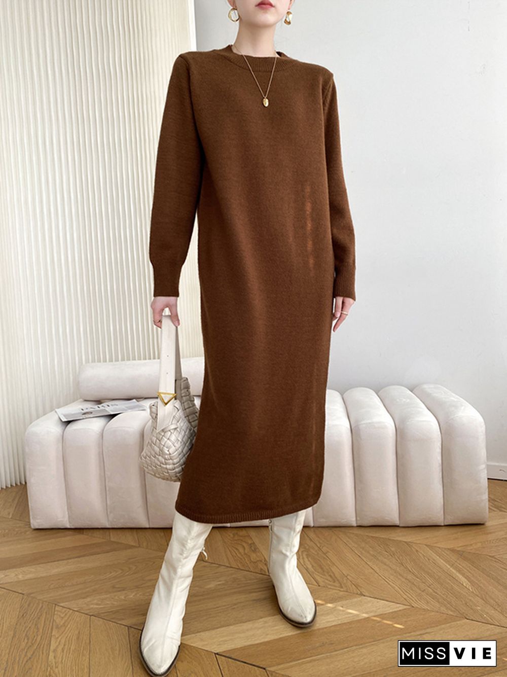 Urban Loose Long Sleeves Solid Color Round-Neck Sweater Dresses