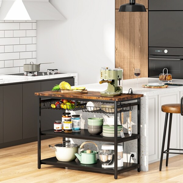 Kitchen Island with Storage Industrial Island Table with Power Outlets and Wire Baskets 3 tier Microwave Oven Stand