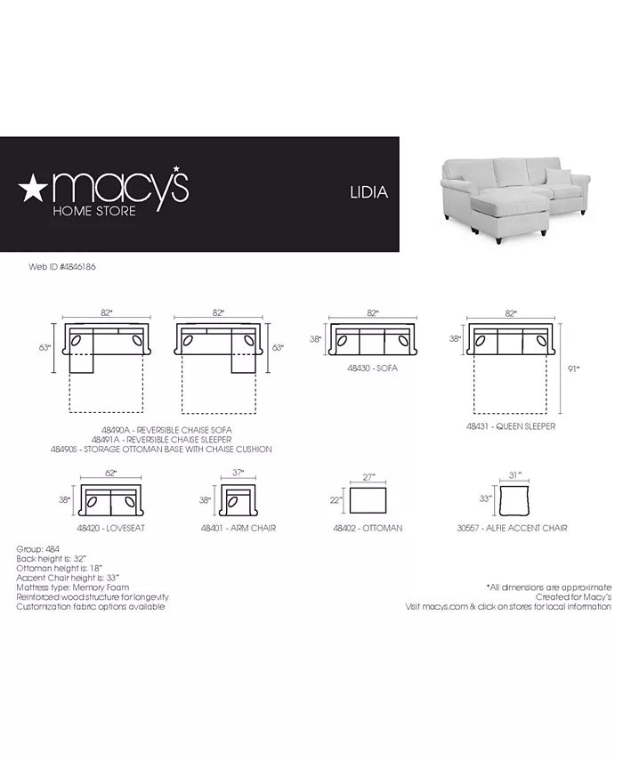 Furniture Lidia 82 Fabric 2-Pc. Chaise Sectional Queen Sleeper Sofa with Storage Ottoman - Custom Colors