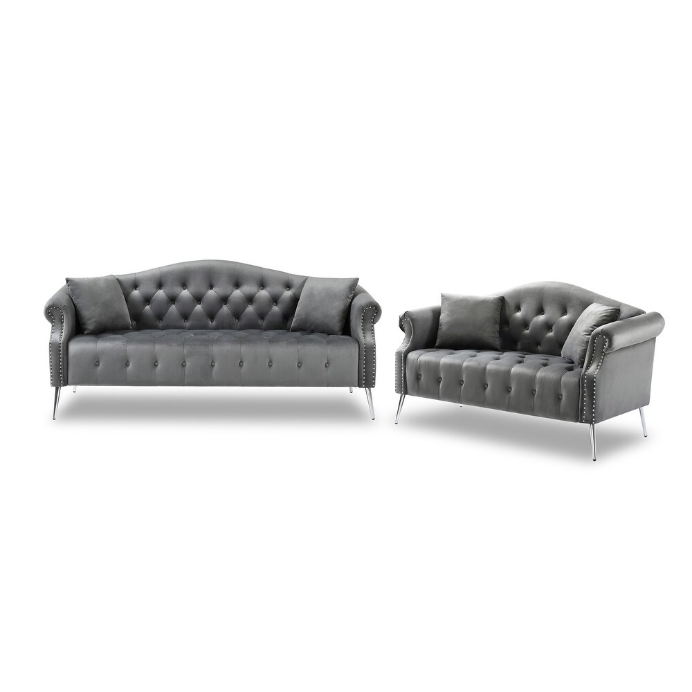 Chesterfield Velvet Upholstered Sofa Set Button Tufted Couch with Nailhead and Curved Backrest for Livingroom